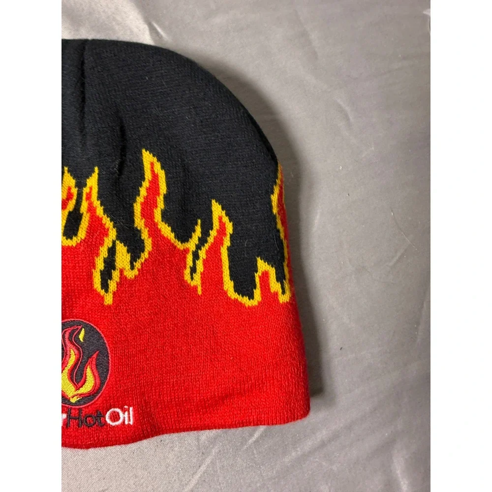 Adler Hot Oil Flame Knit Beanie Hat Black Red Yellow Embroidered Logo One Size